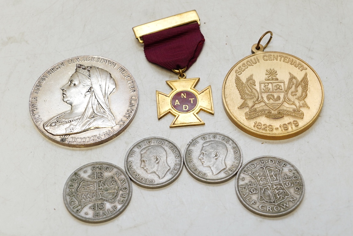 Assorted coins including pre 1947 examples and medals, including a Queen Victoria diamond Jubilee silver large silver medal. Condition - fair